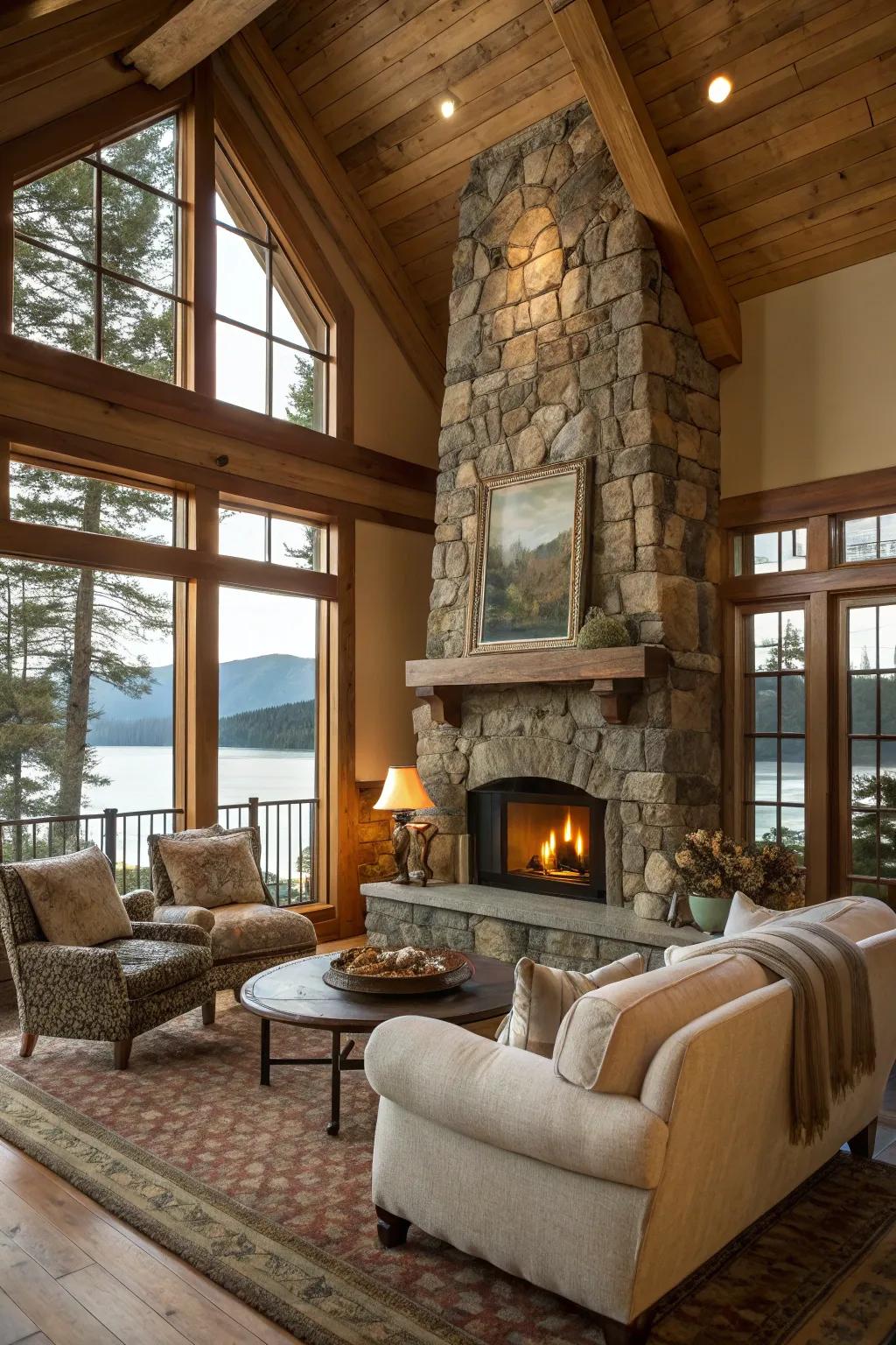 A stone fireplace providing a cozy gathering spot.