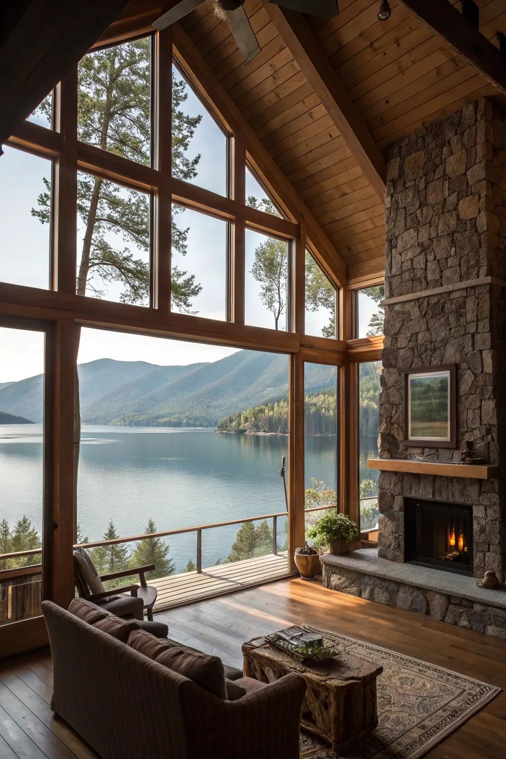 Sweeping windows that seamlessly merge the lake with the interior.
