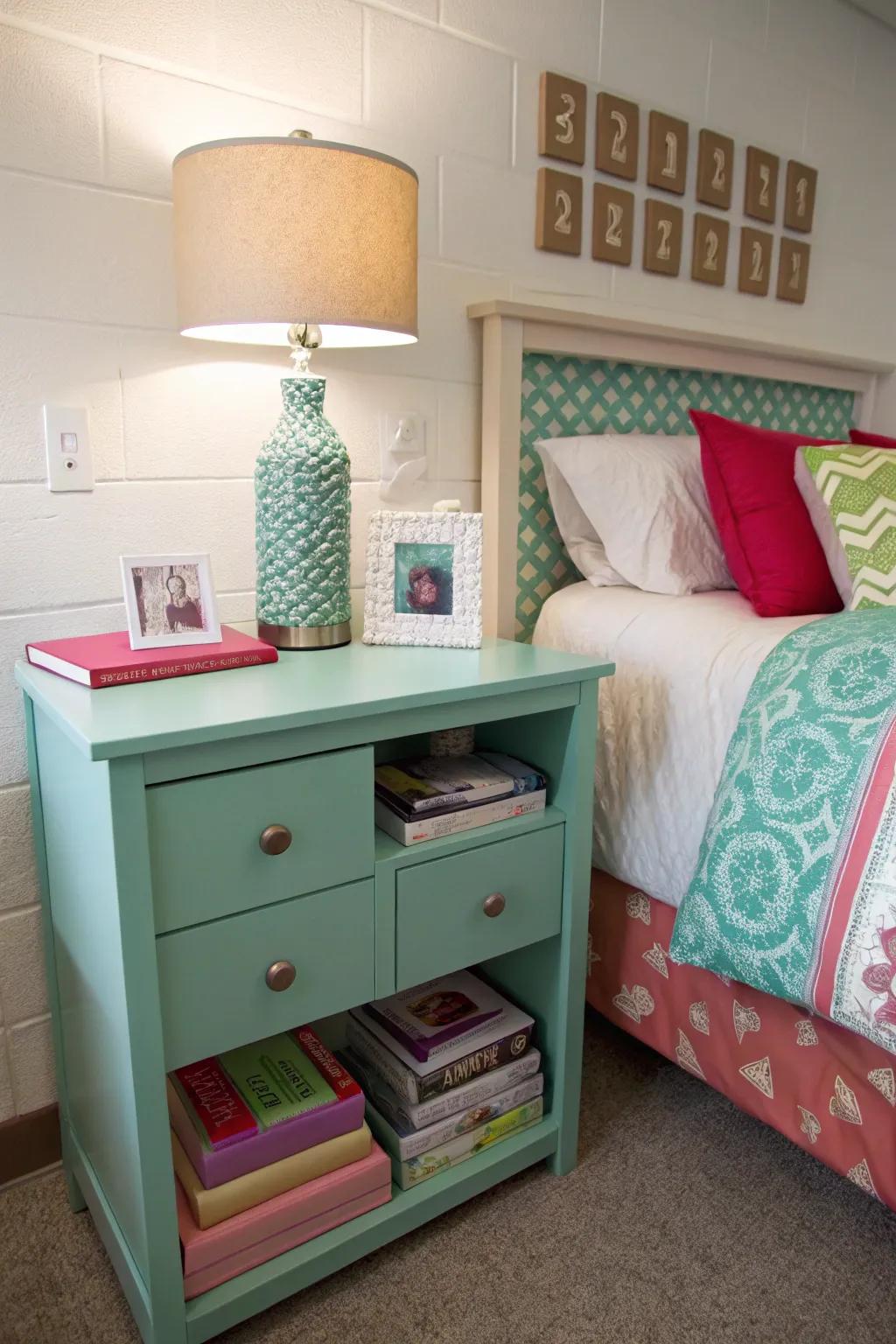 A cohesive color palette beautifully ties the entire dorm room together.