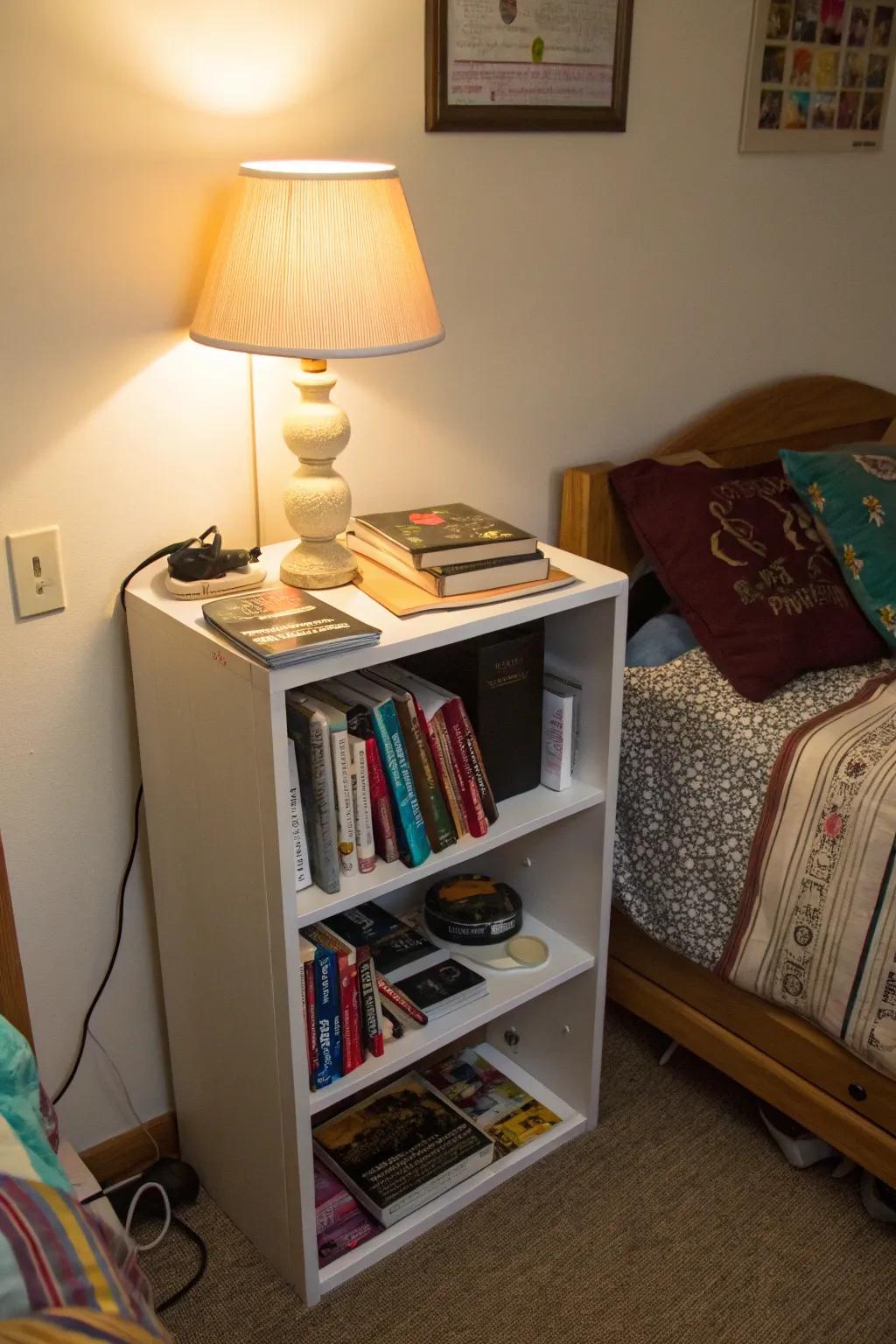 A small shelving unit brings style and storage to any dorm space.