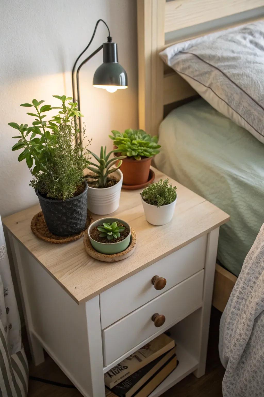 A collection of plants brings life and calm to your dorm nightstand.