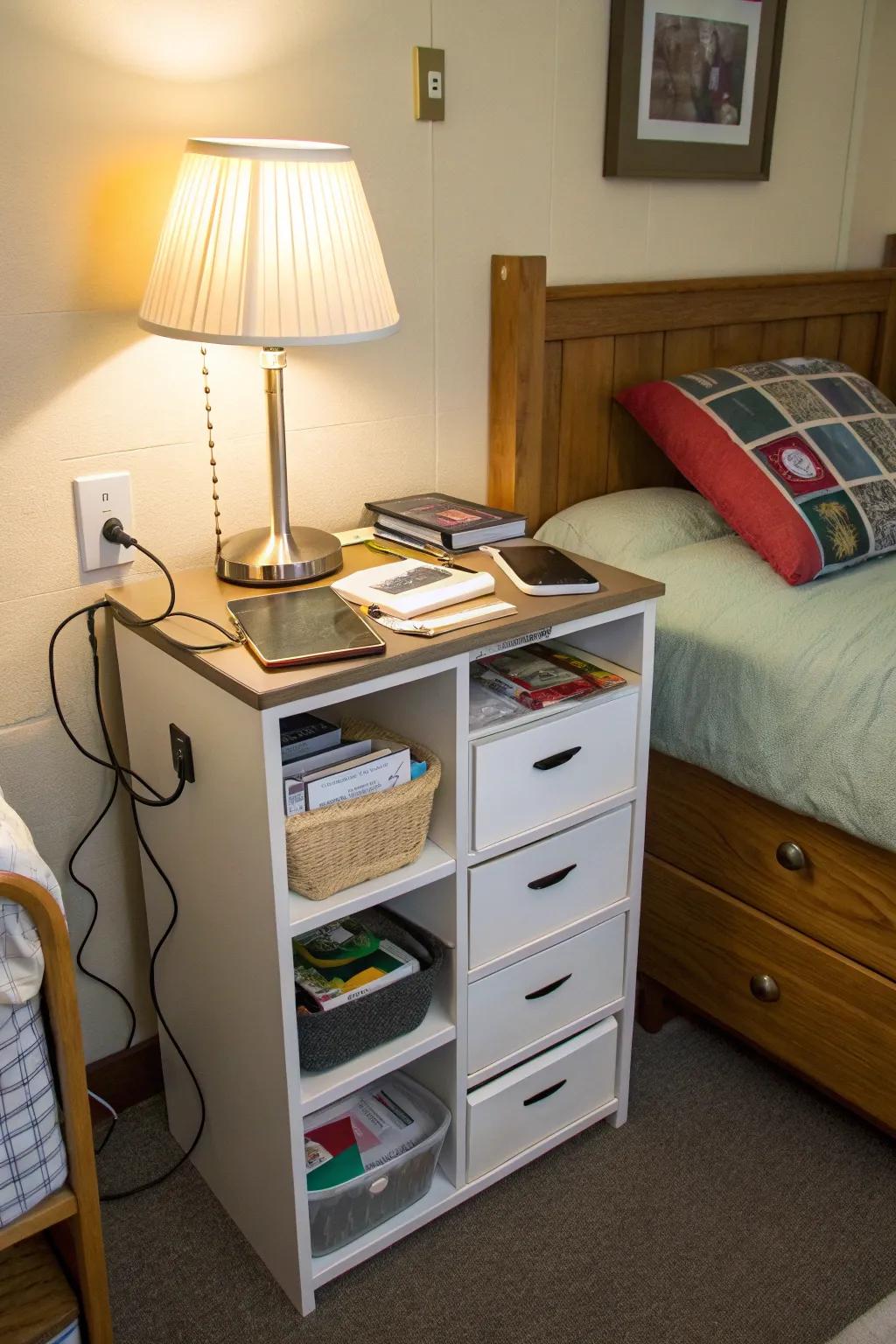 A multifunctional nightstand offers concealed storage with a stylish design.