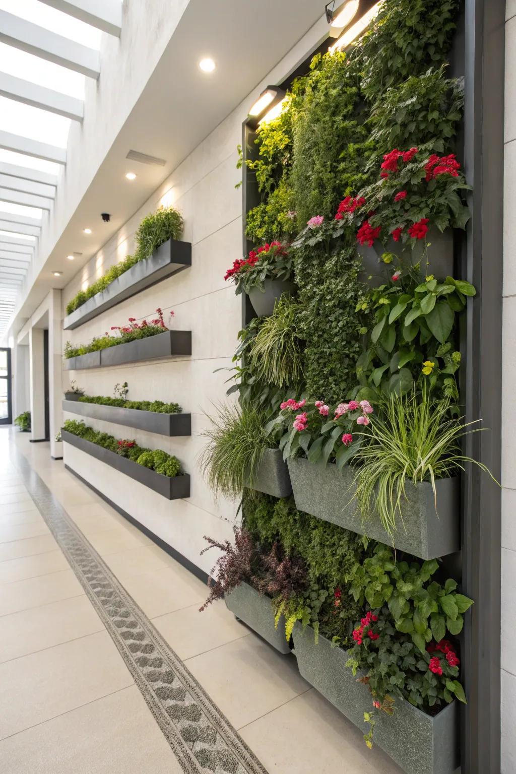 Vertical gardens bring greenery to compact spaces.