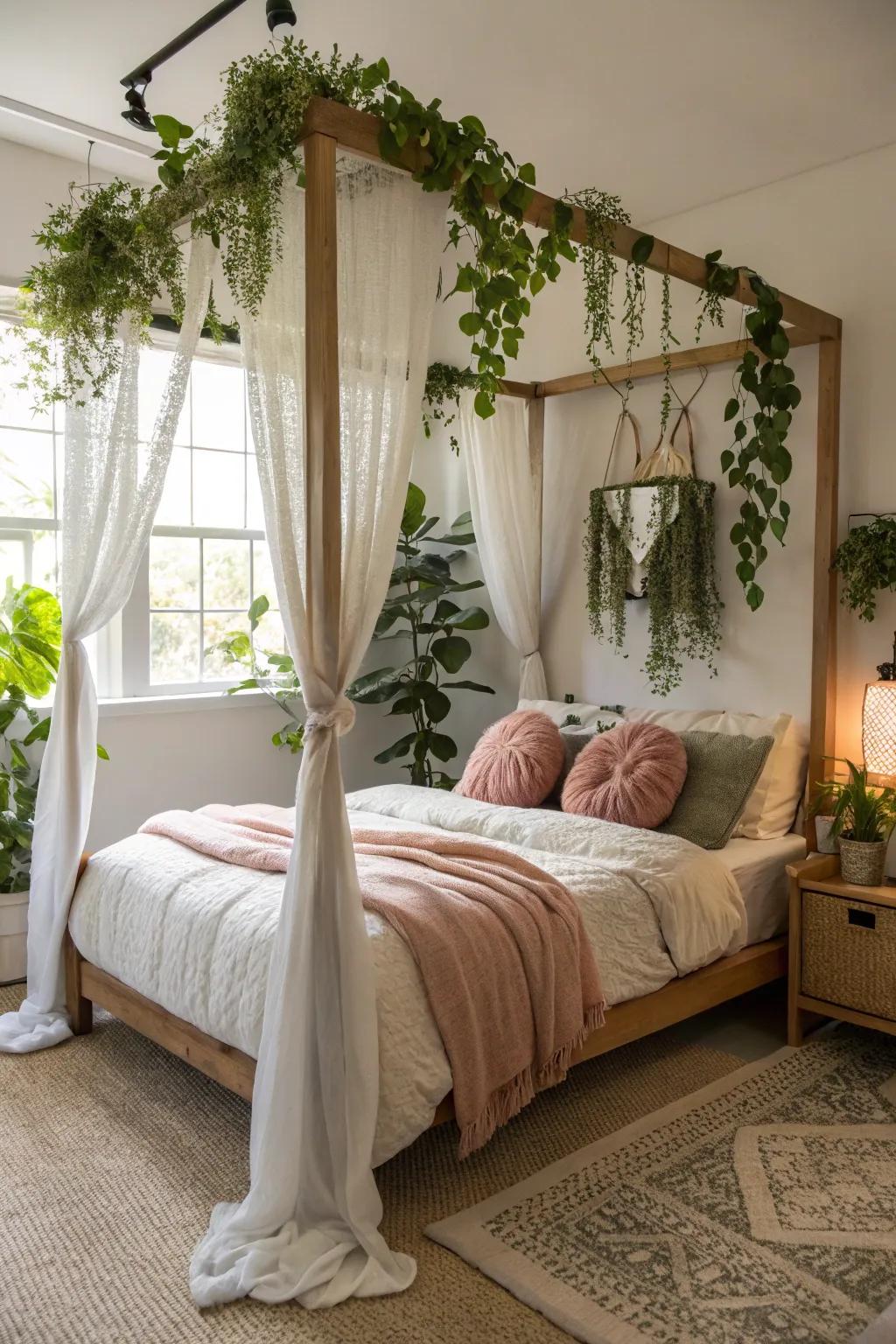 Suspended plants introduce a natural element to a canopy bed.