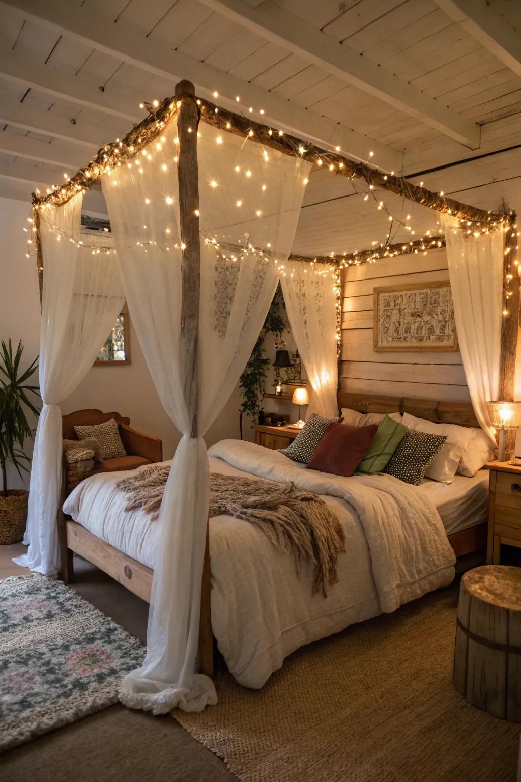 String lights illuminate a canopy bed, crafting a magical impact.