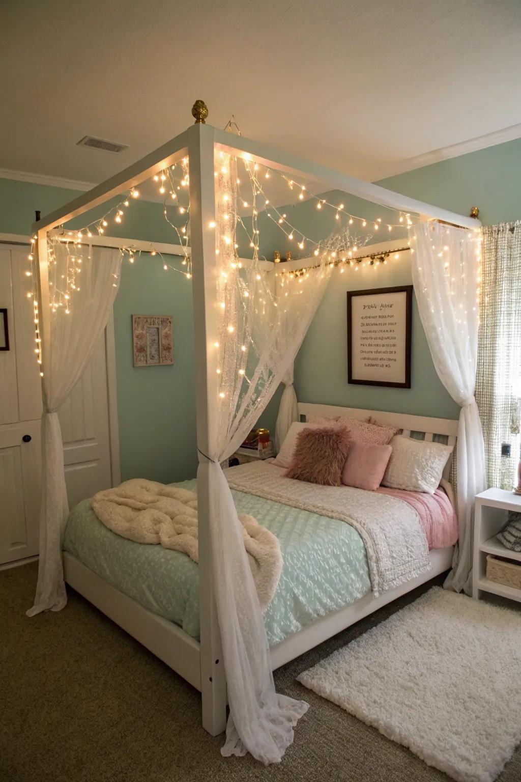 Built-in lighting in a canopy bed enhances functionality and style.