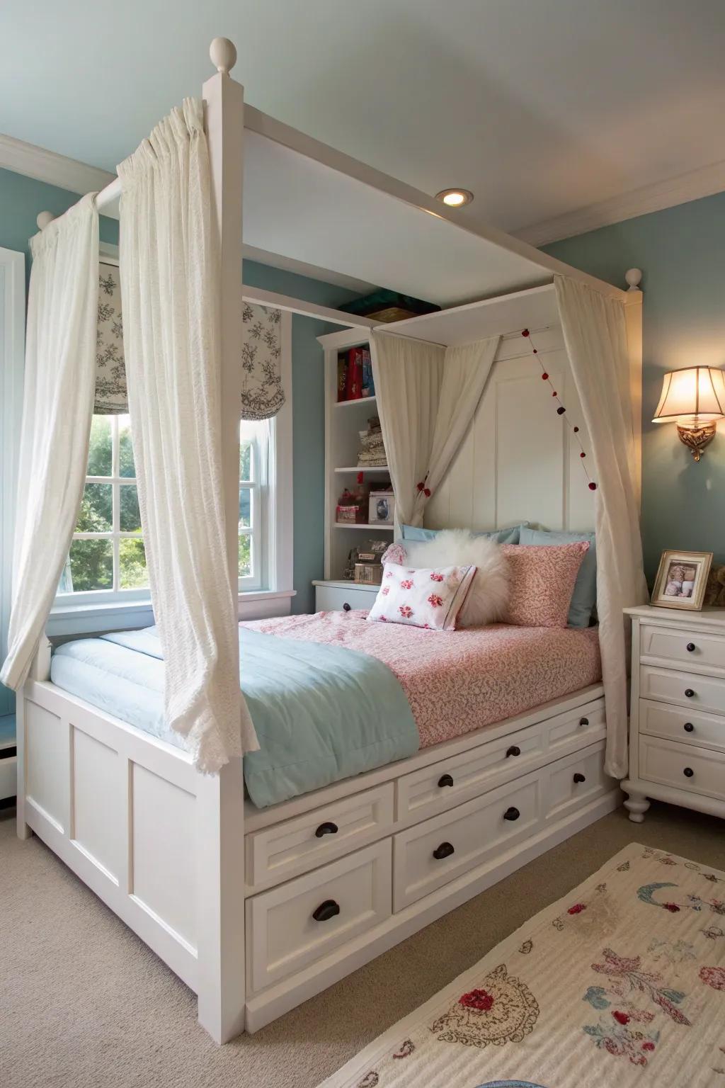 A canopy bed featuring built-in storage optimizes practicality.