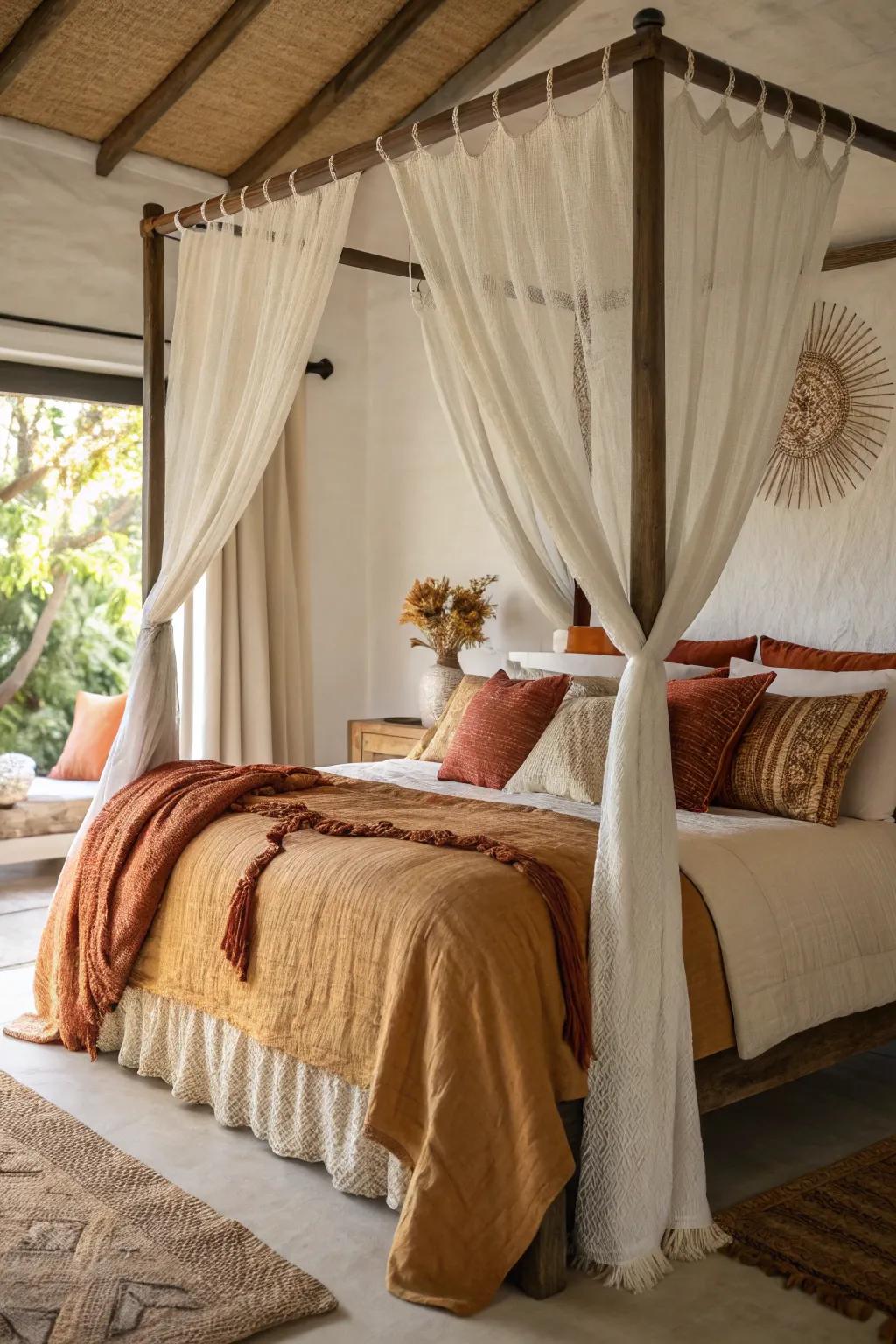 A comfortable canopy nook featuring layered bedding and warm shades.