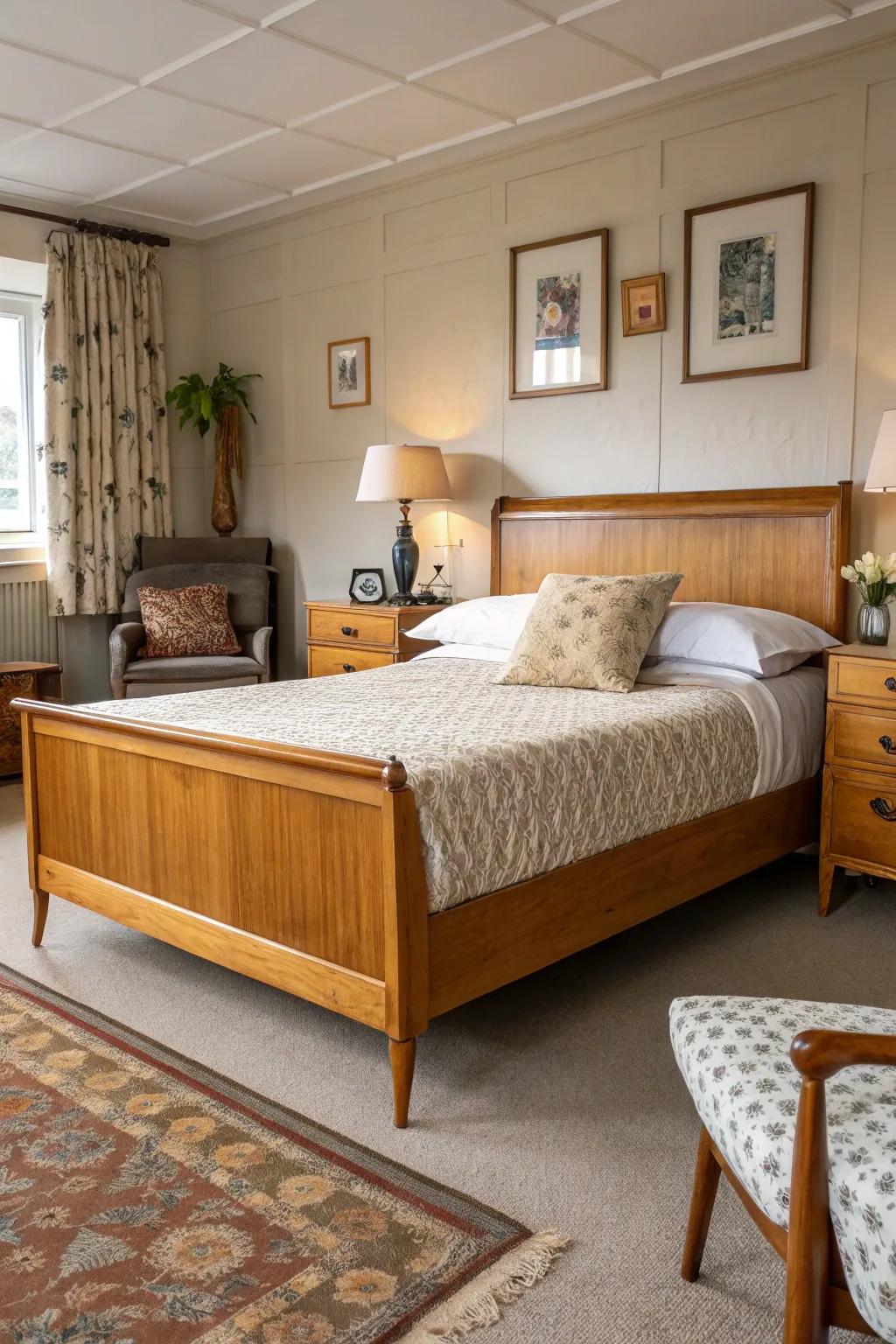 Mid-century modern style brings timeless charm to this wood bed.