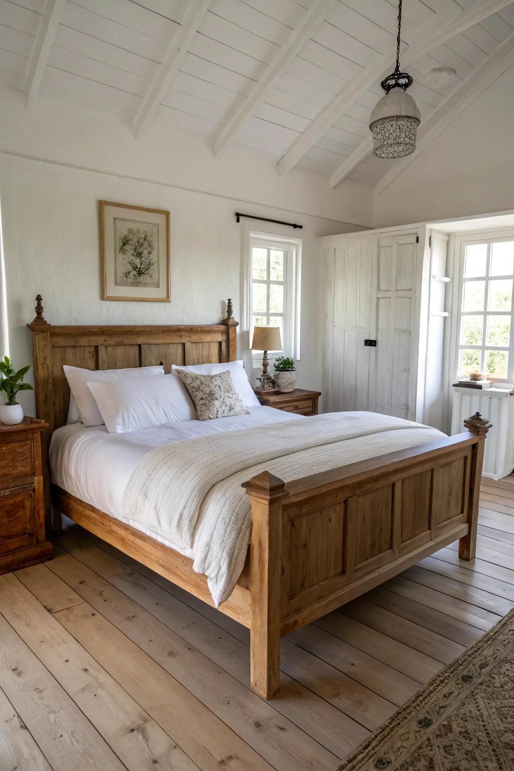 Simple bedding highlights this wood bed's elegance.