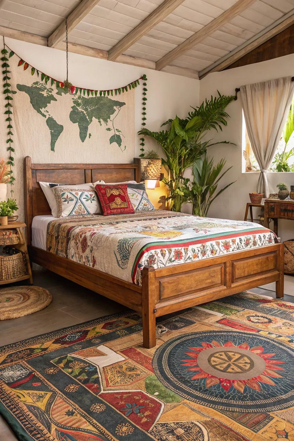 Worldwide patterns infuse this wood bed with exotic charm.