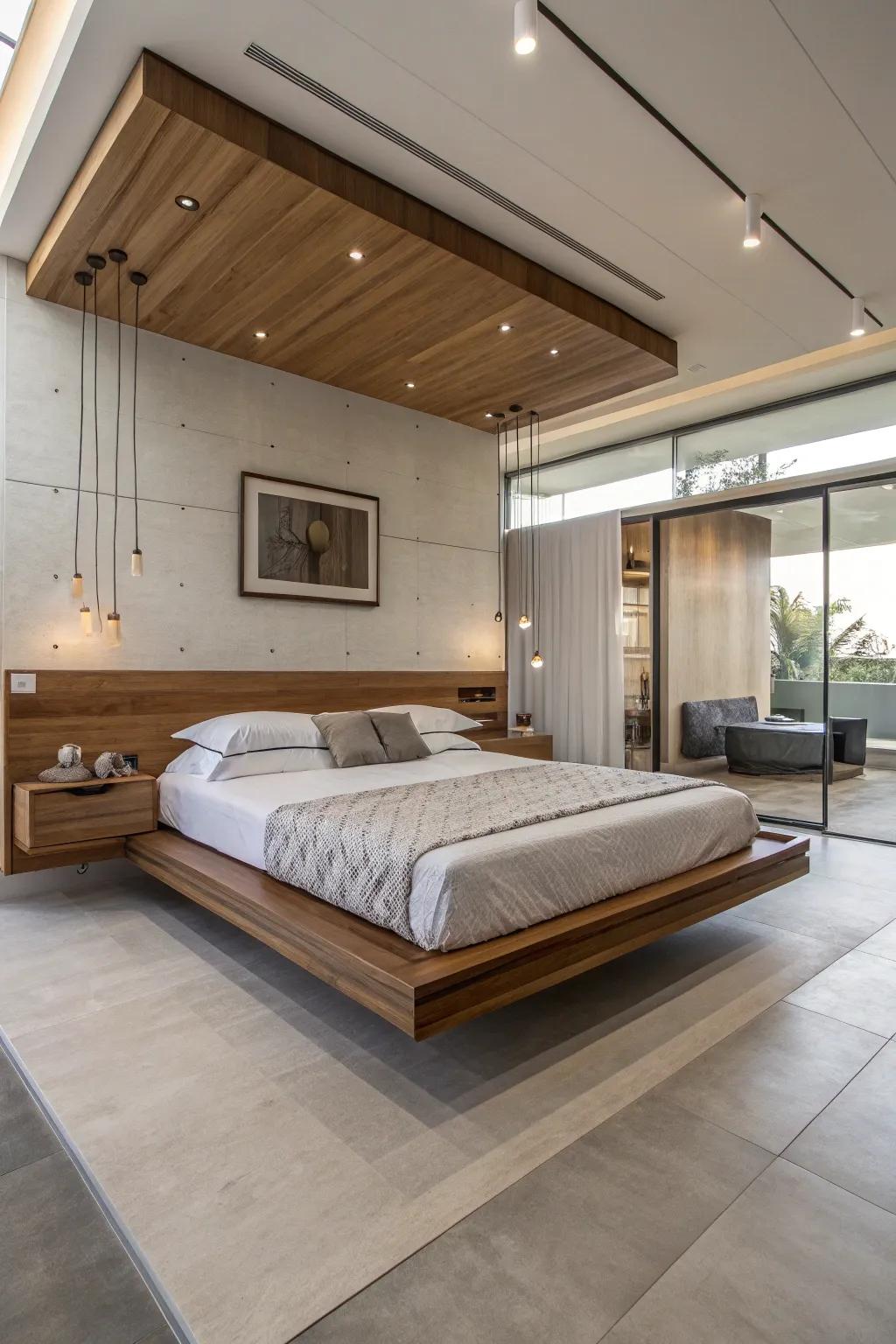 A floating wood bed establishes a modern and airy atmosphere.