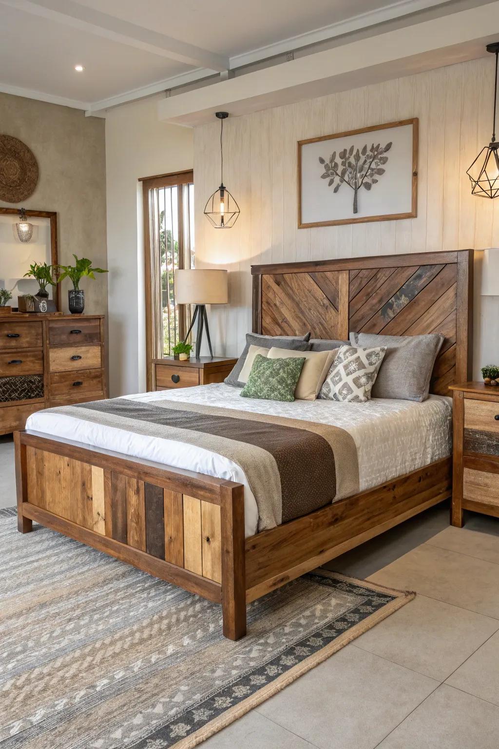 Different wood hues introduce character to this wood bed.