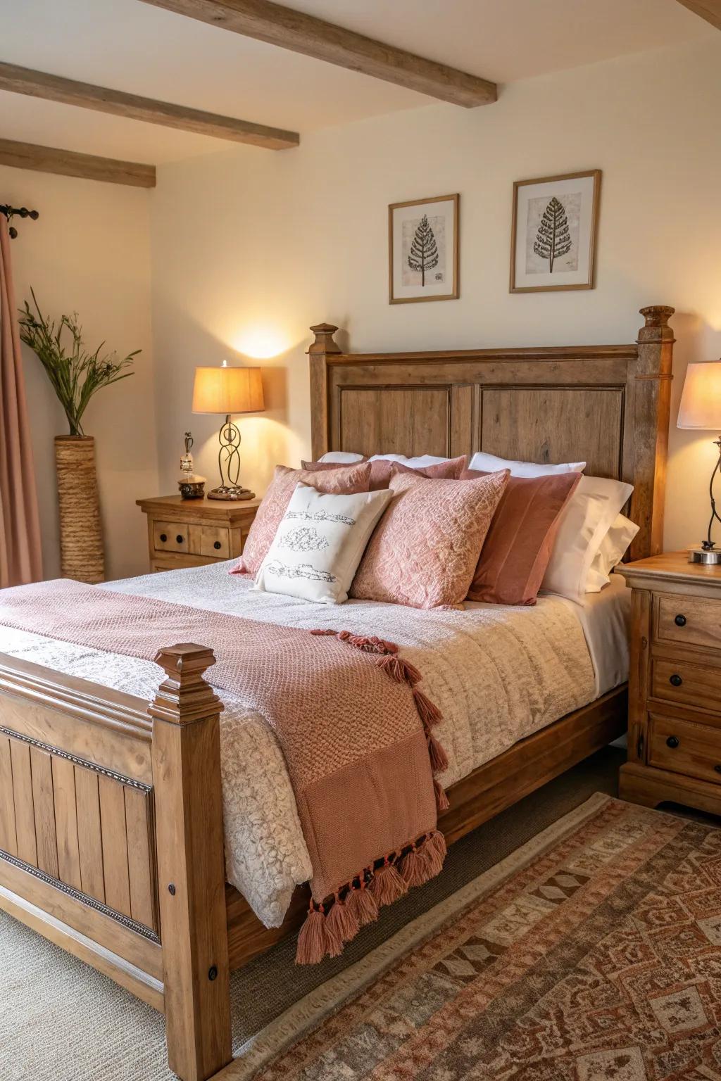A comfortable wood bed with inviting decor.