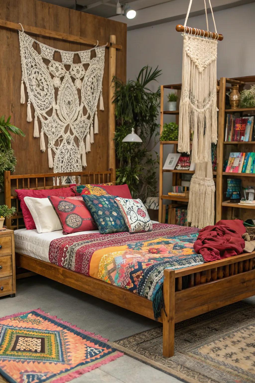 Bohemian style brings this wood bed to life.