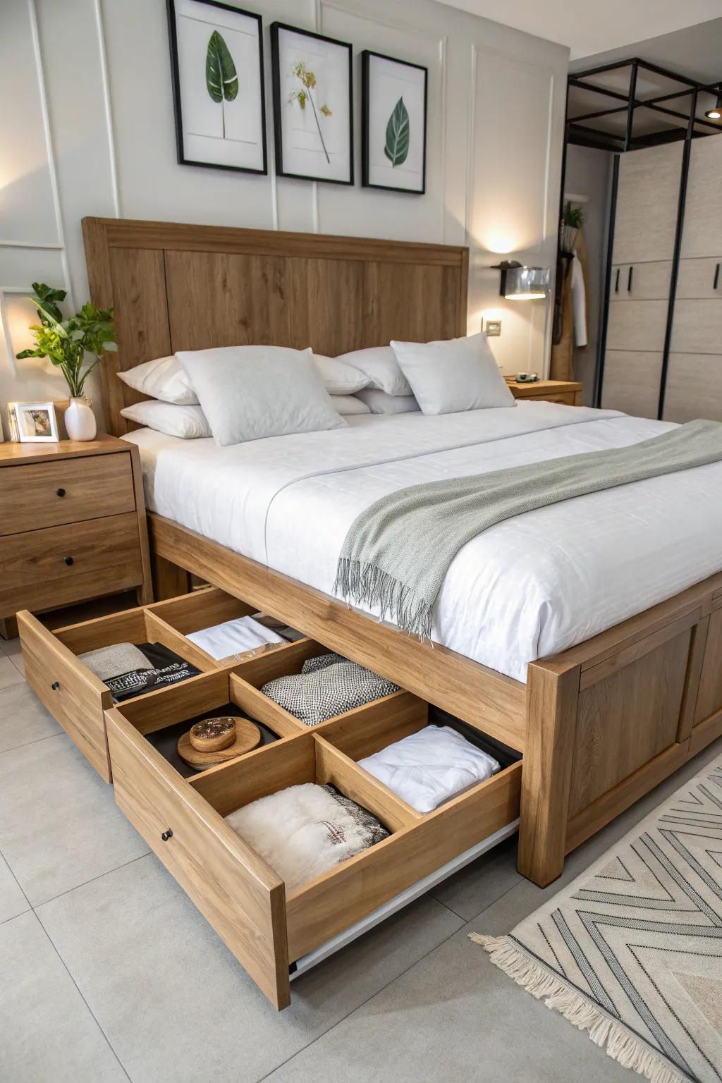 A wood bed with ingenious storage features.