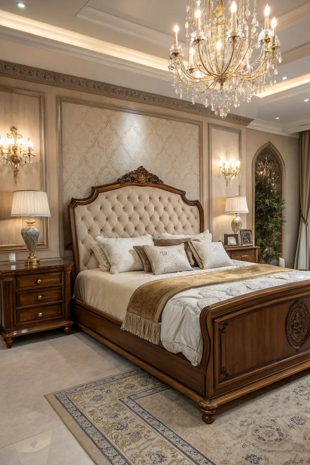 Fabric aspects add luxury to this wood bed.