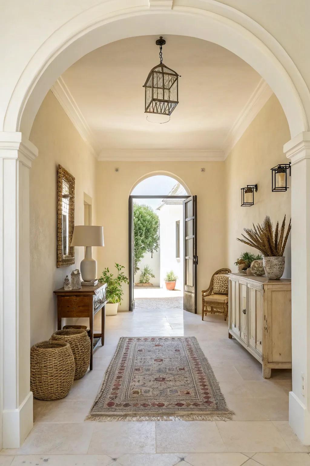 An entryway incorporates light cream walls, engendering a luminous and airy atmosphere.