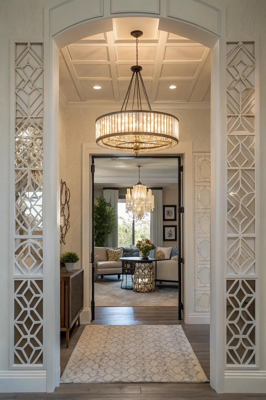 A petite chandelier graces a comfortable entryway, showcasing captivating geometric patterns.