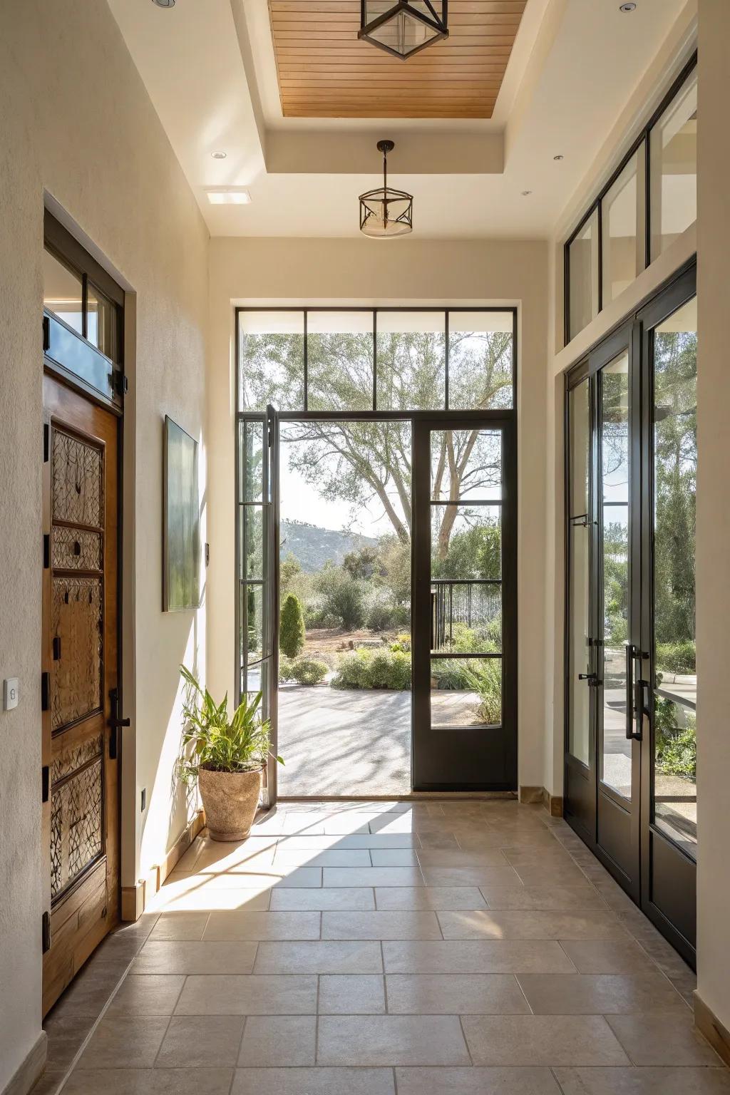 An entryway equipped with glass doors enables natural light to establish a contemporary and airy sensation.