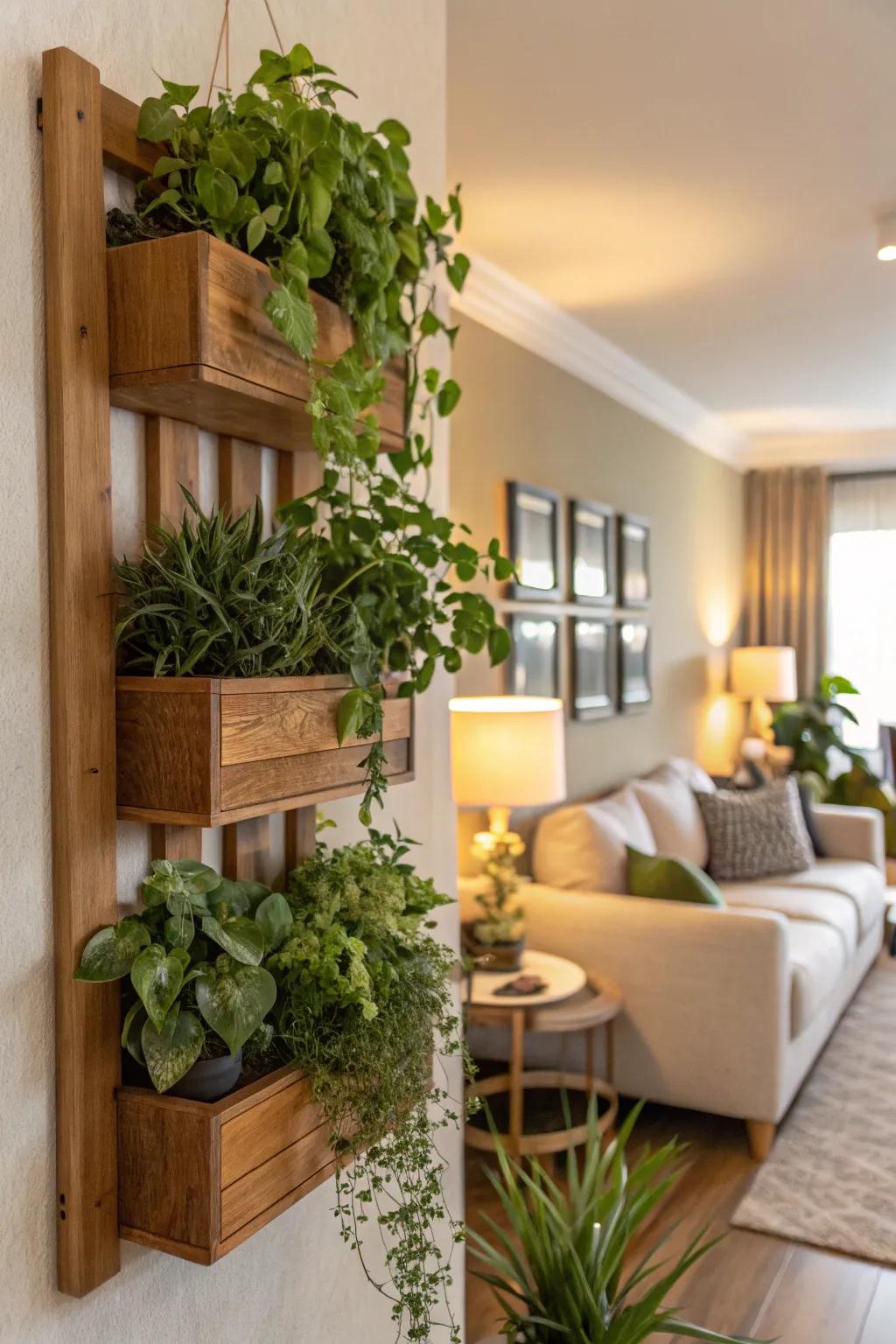Enhance your interior with mounted planters overflowing with verdant plants.