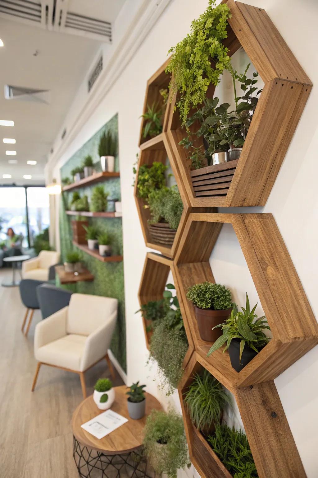 Chic geometric shelves provide a modern display for plants.