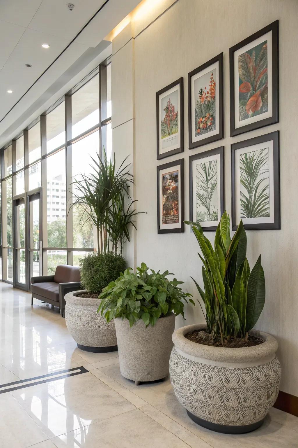 Customize your green wall with artistic frames and pots.