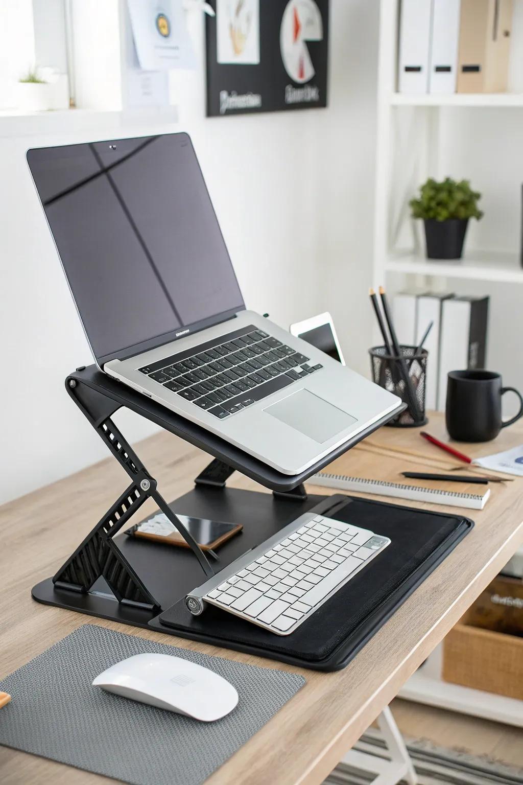 A laptop stand improves posture for use.