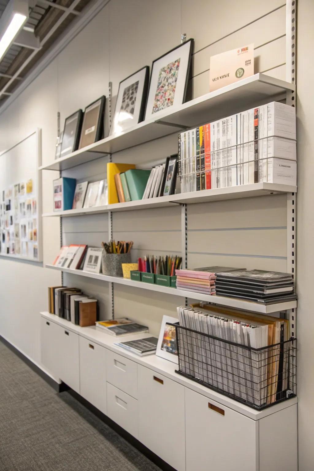 Well-organized shelves keep design resources stylishly displayed and easily accessible.