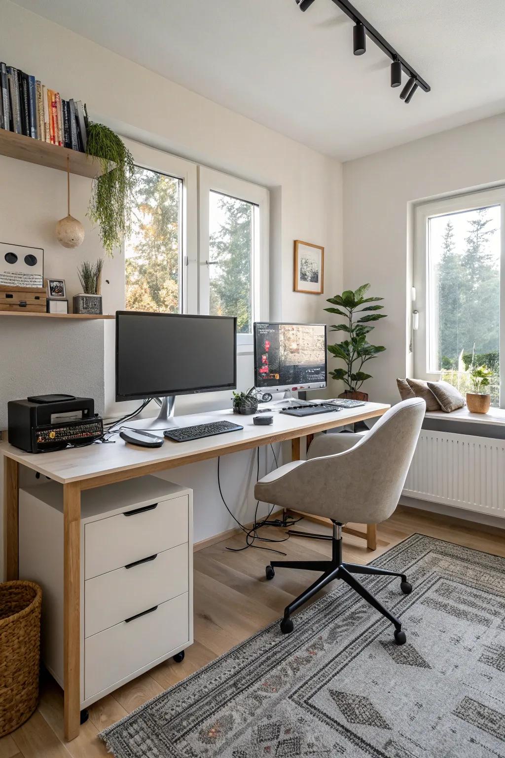 A tech-ready setup with tidy cables boosts efficiency.