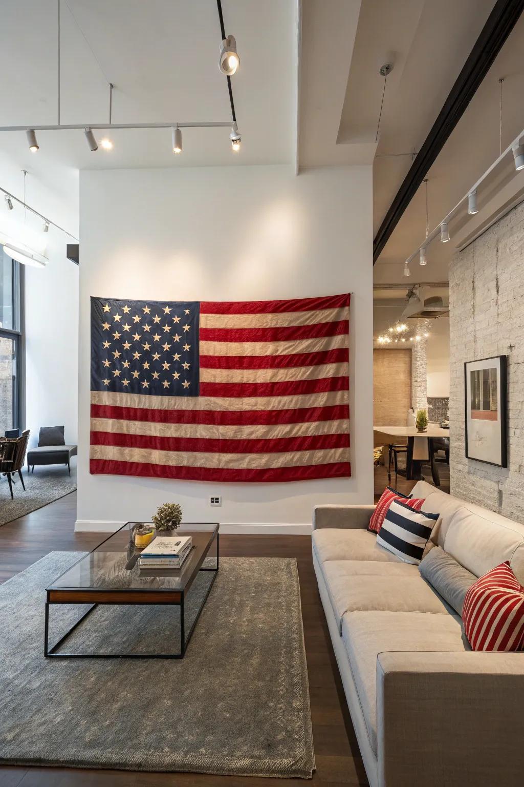 Unique flag art delivers an imaginative style to this modern space.