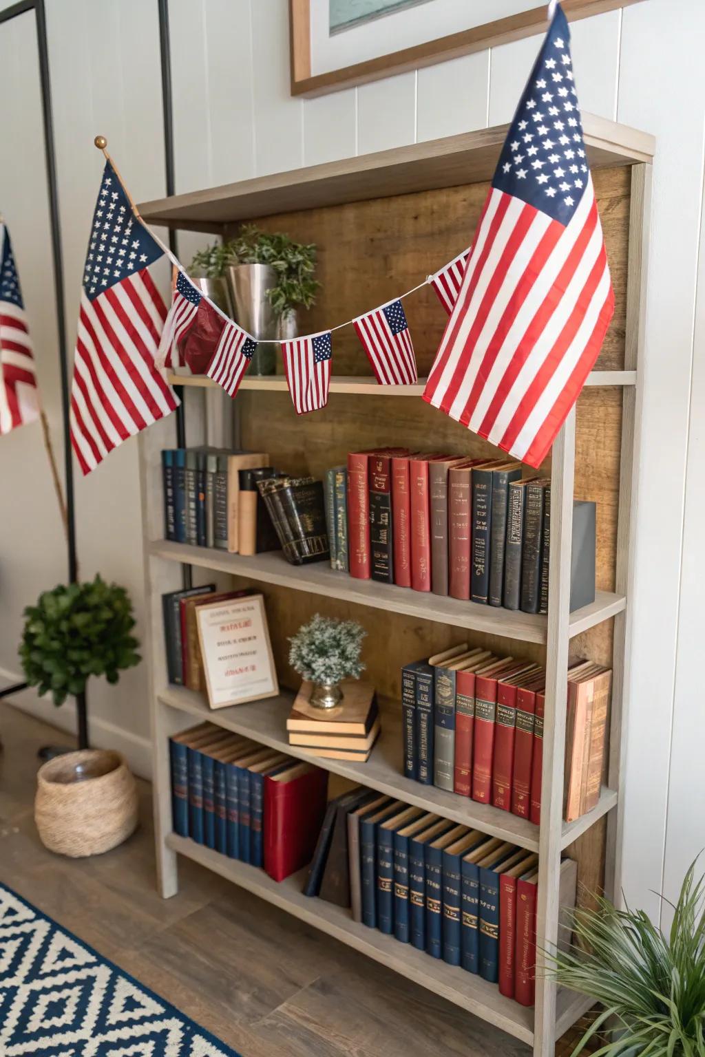 Shelves styled using flags and books add an individual touch.