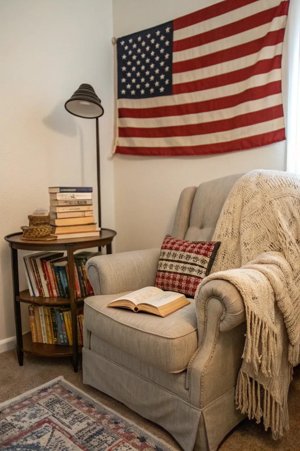 A comfortable reading spot is created far more inviting using a flag accent.