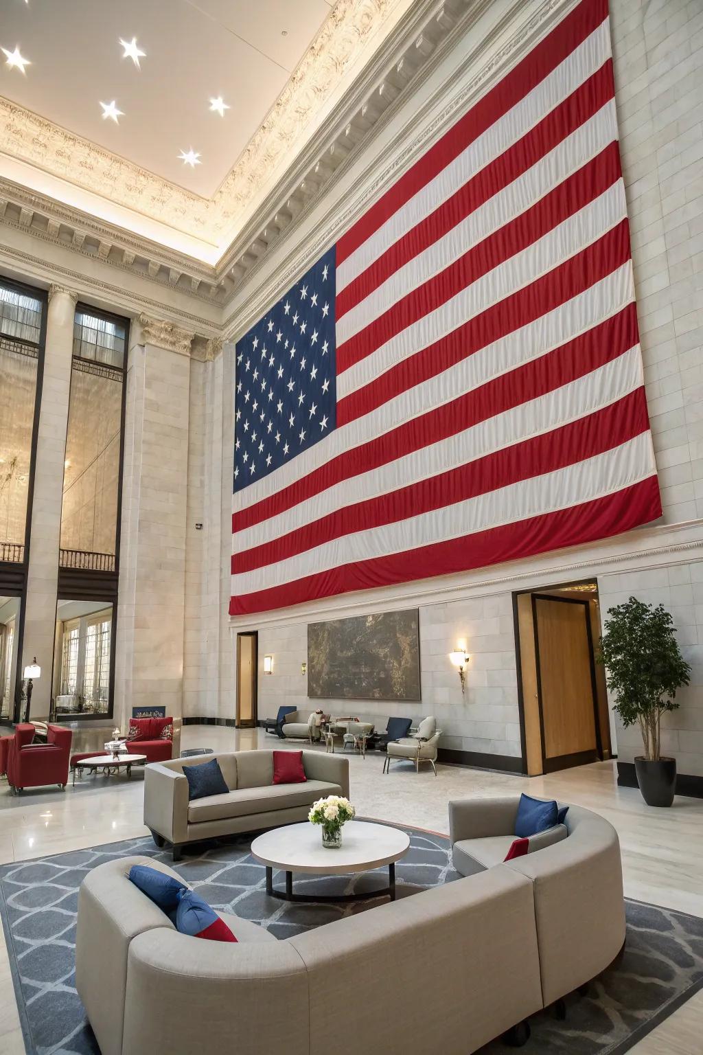 An American flag mural provides energy and charm to this contemporary room.