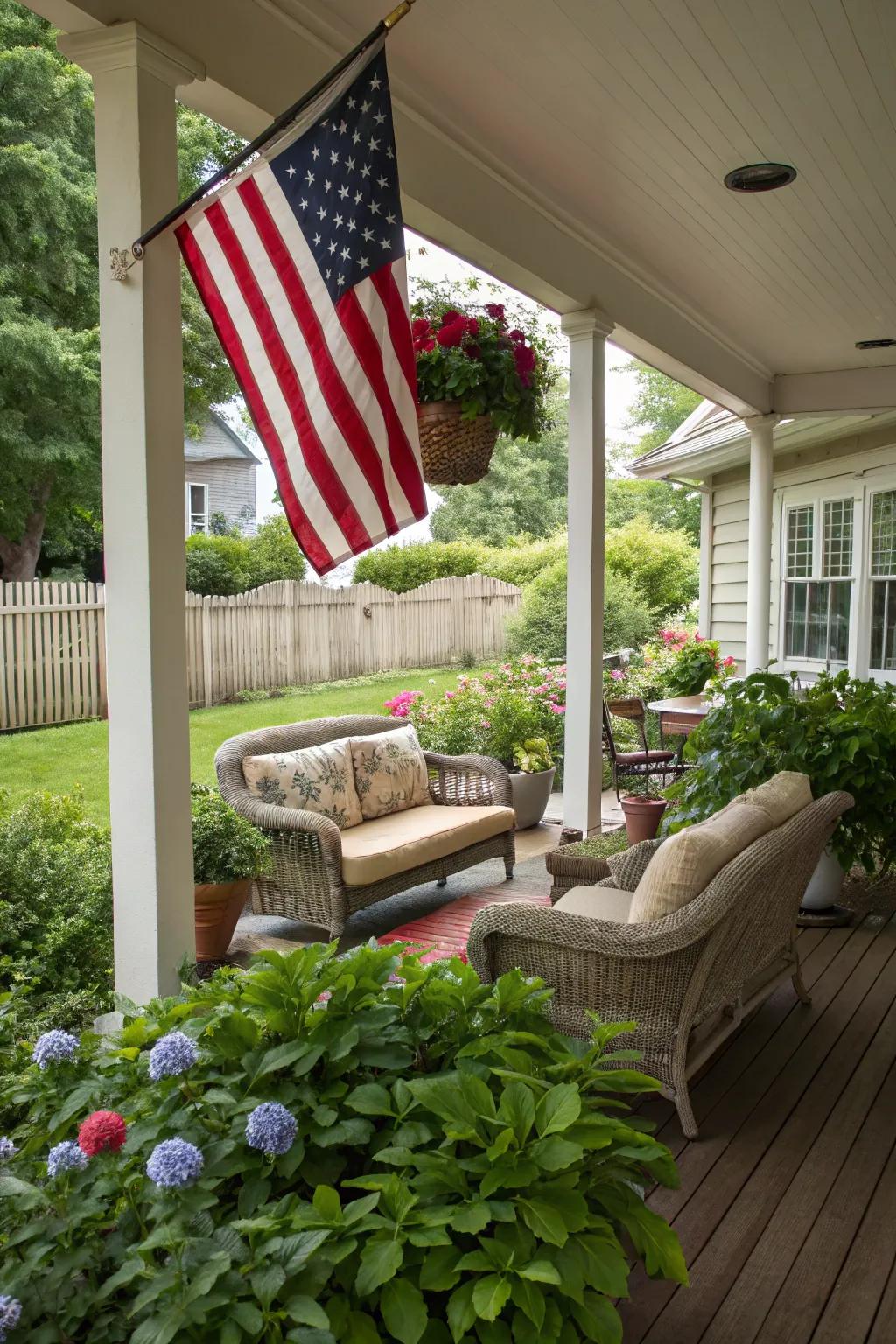 An American flag includes patriotic allure to this welcoming porch.