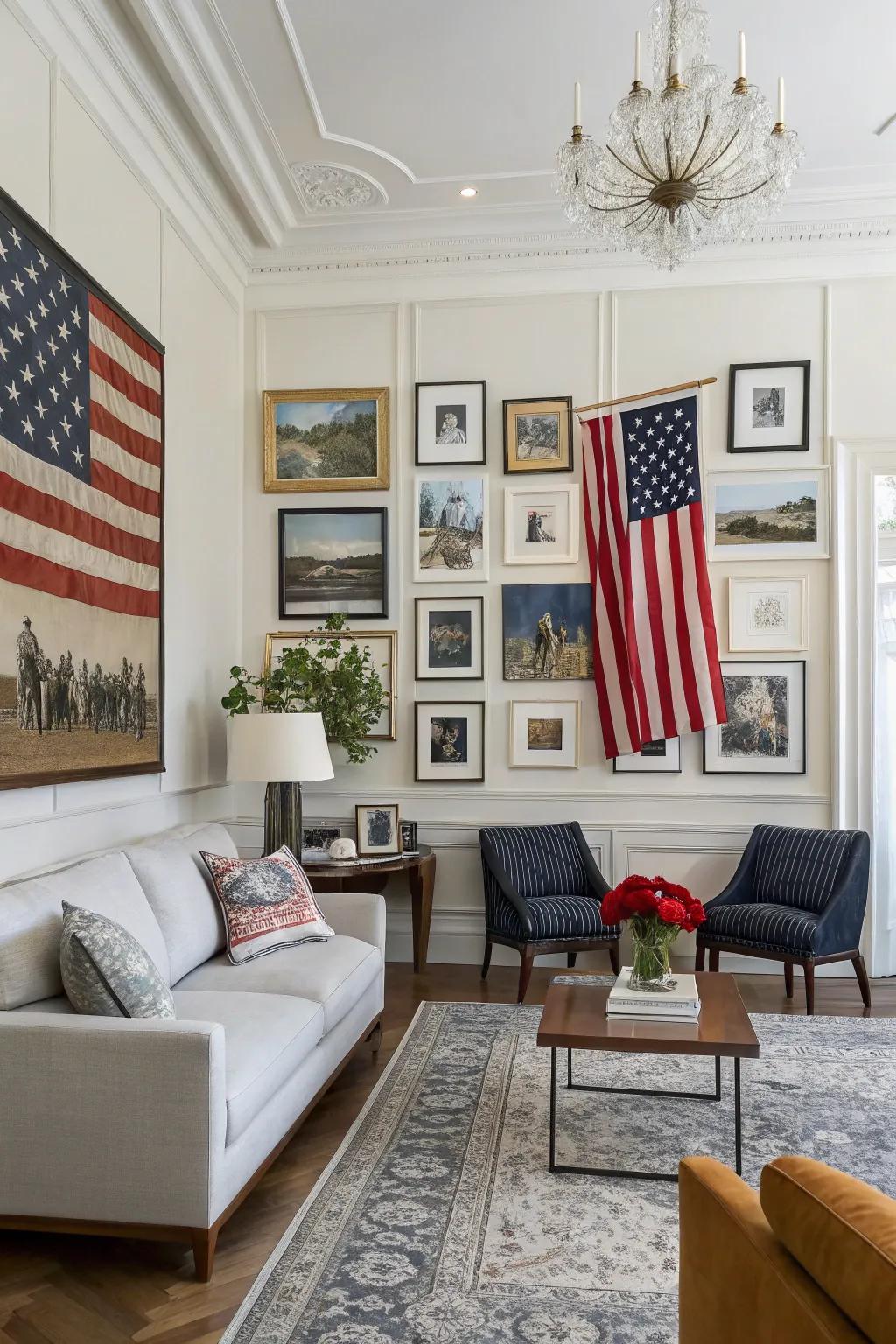 A gallery wall using a flag delivers imaginative style to this family room.