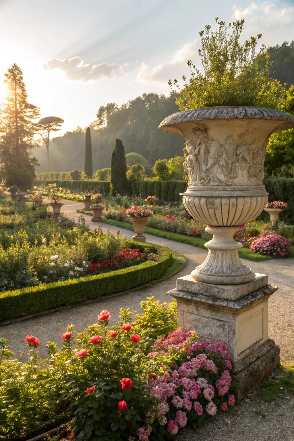 Decorative elements that contribute character and charm to a low-maintenance garden environment.