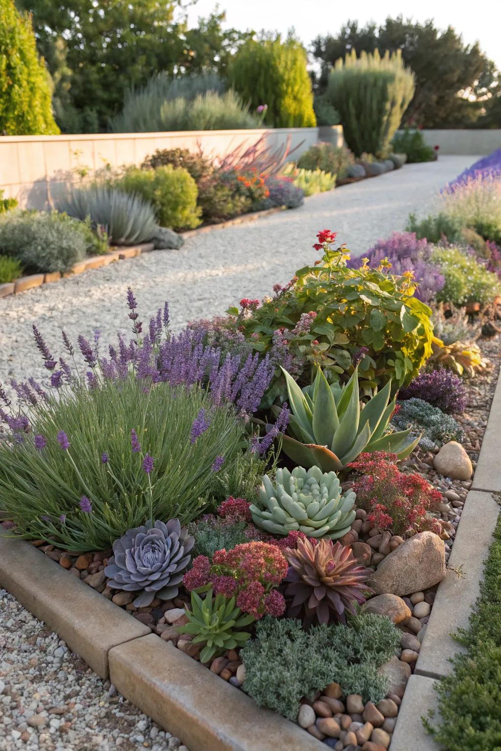 A lively assortment of drought-resistant plants thriving beautifully in the sunlight.