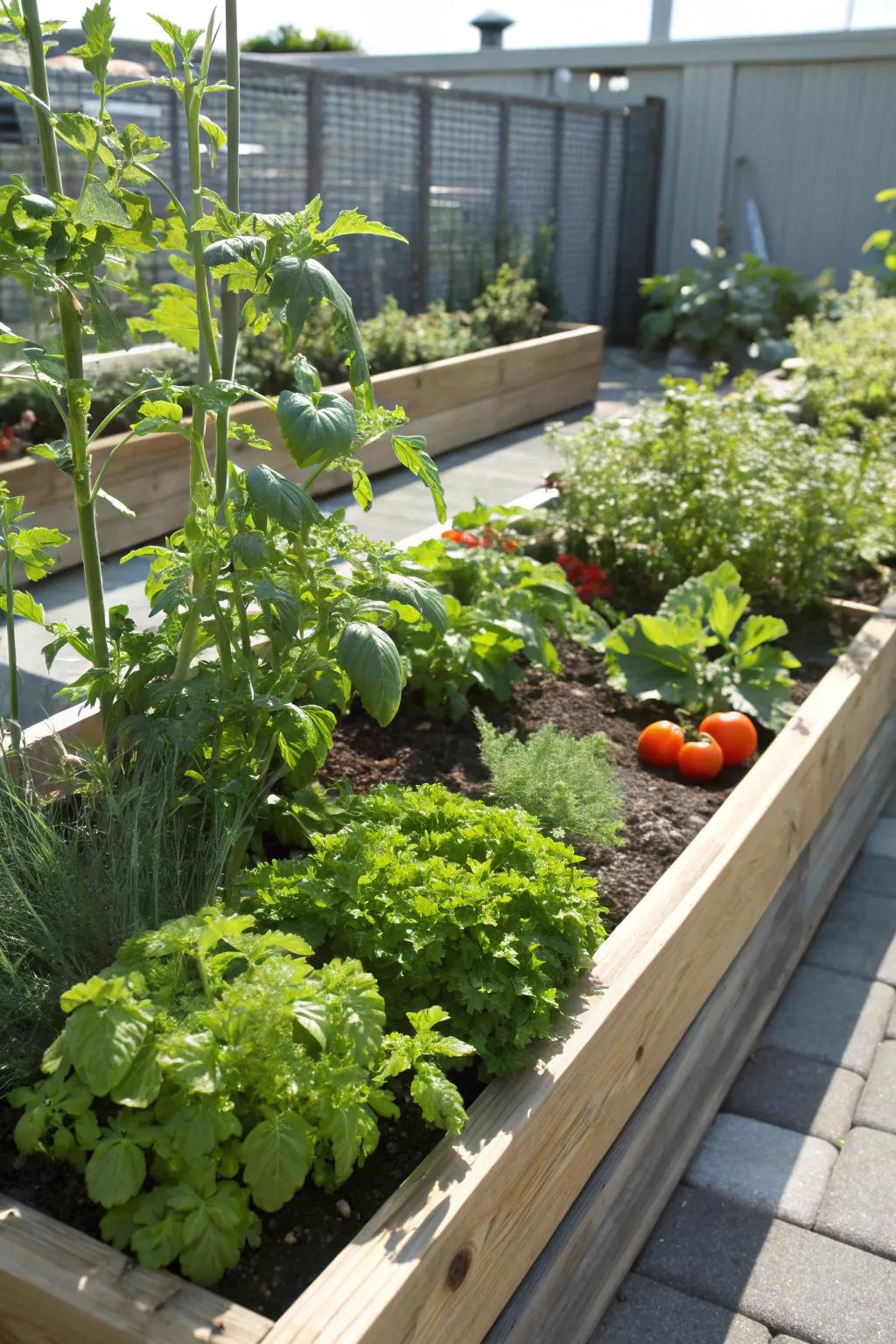 Elevated garden beds offering practicality and straightforward maintenance.