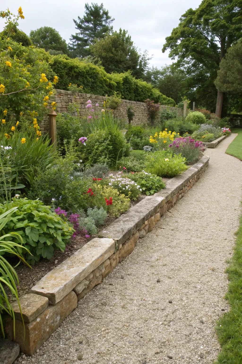 Well-defined garden sections achieved through stone edging for a polished and cohesive aesthetic.