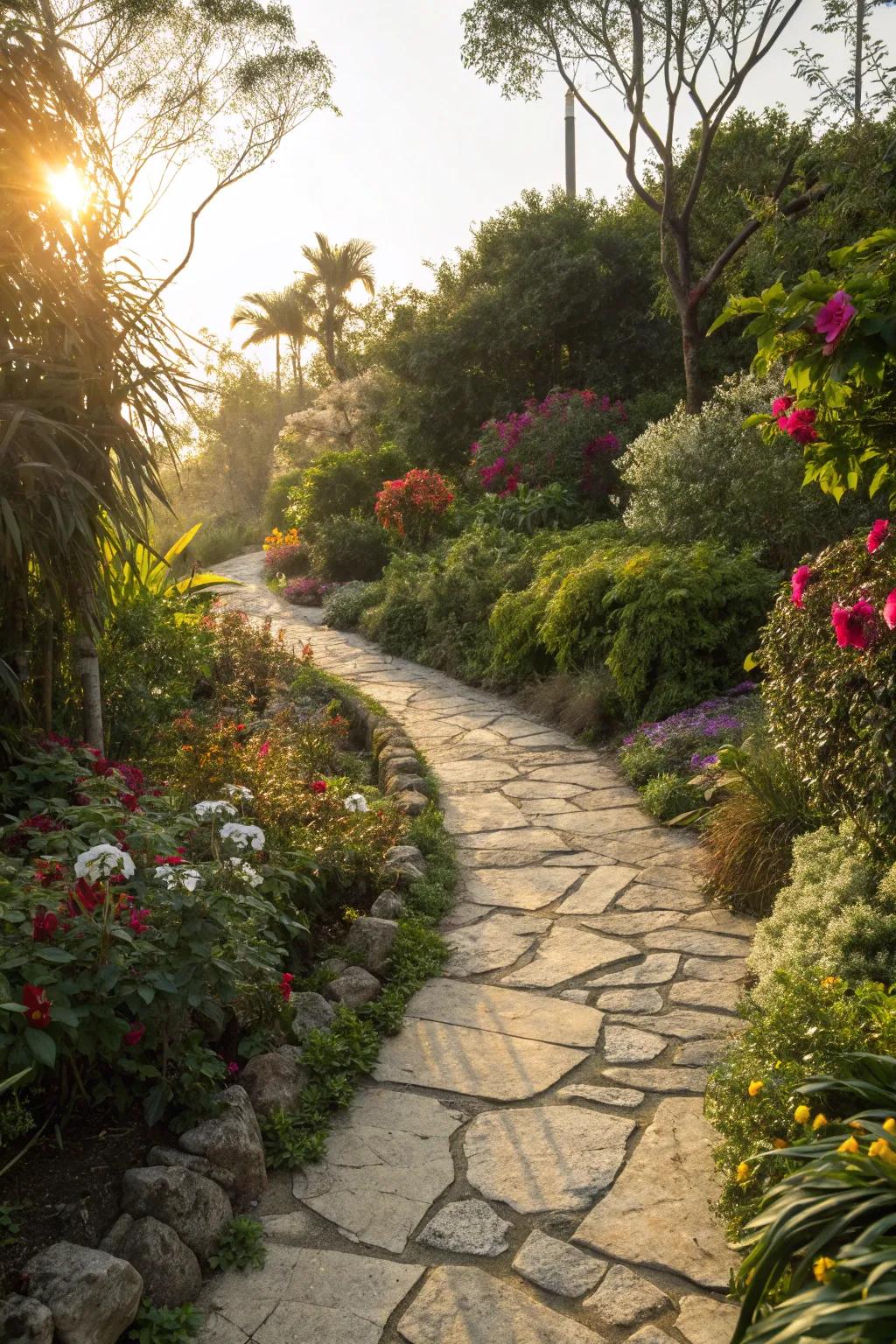 An attractive stone pathway that elevates the garden's overall appearance while requiring minimal maintenance.