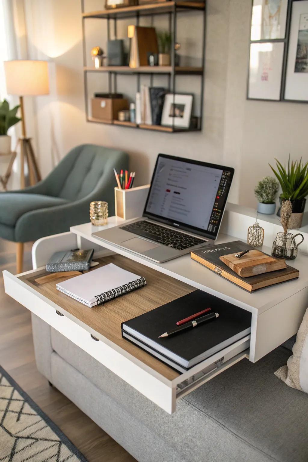 A floating corner desk combines utility with elegance.