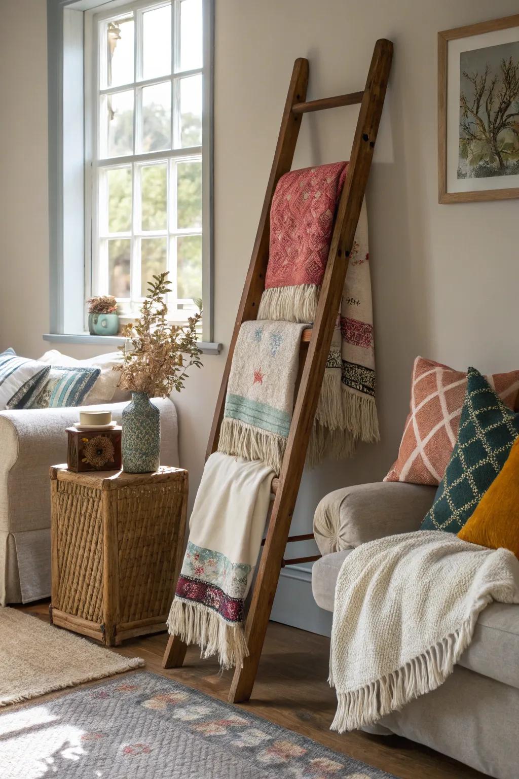 An ornamental ladder adds height and texture.