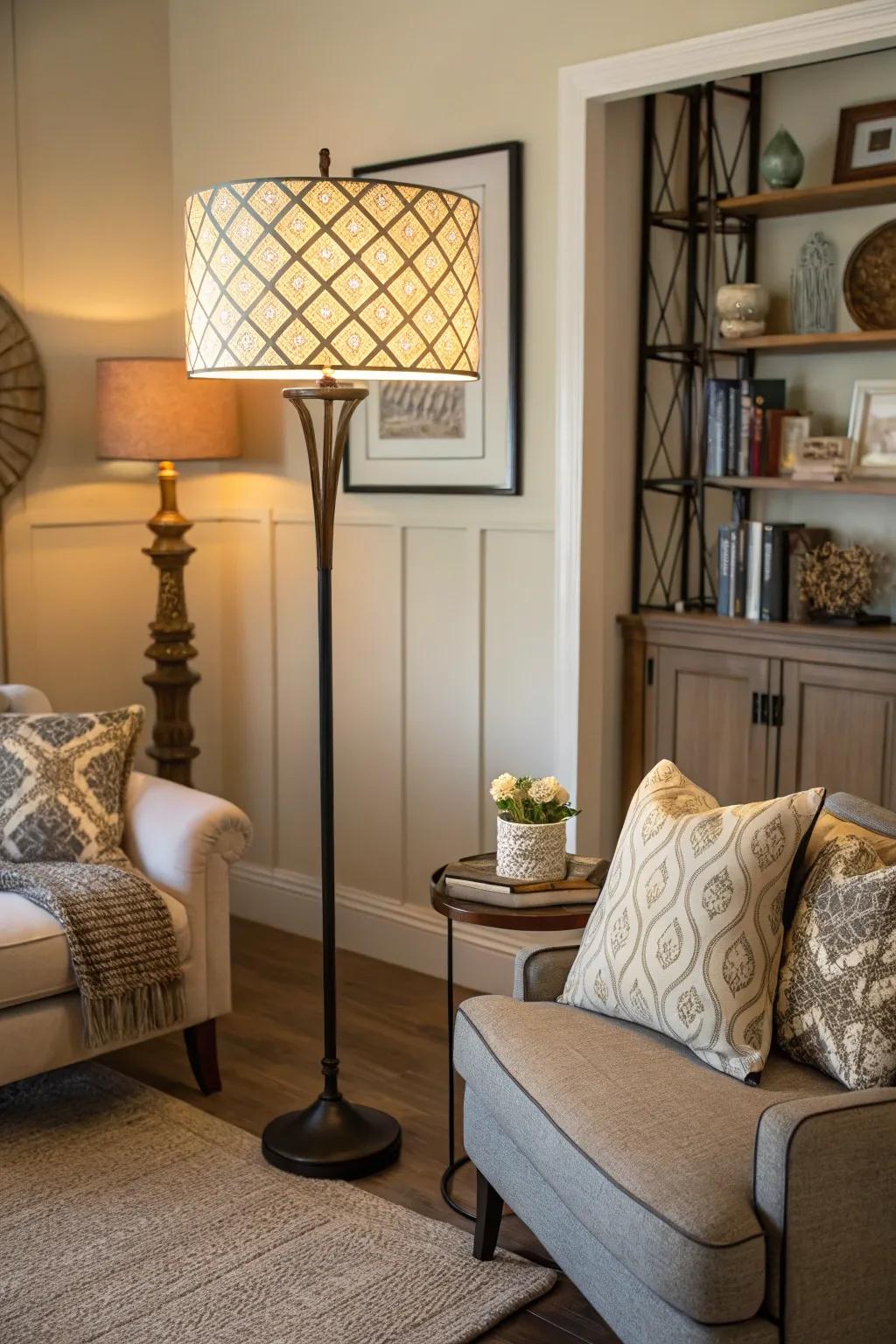 Refine your corner with soft lighting from an upright lamp.