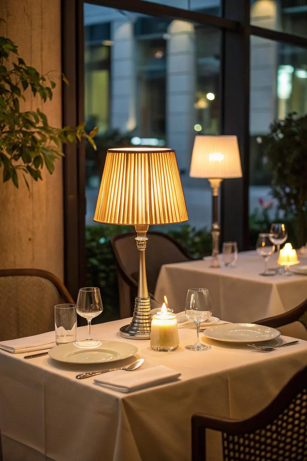 An LED table lamp that mimics the glow of a candle, displayed on a restaurant table, creating an intimate environment.