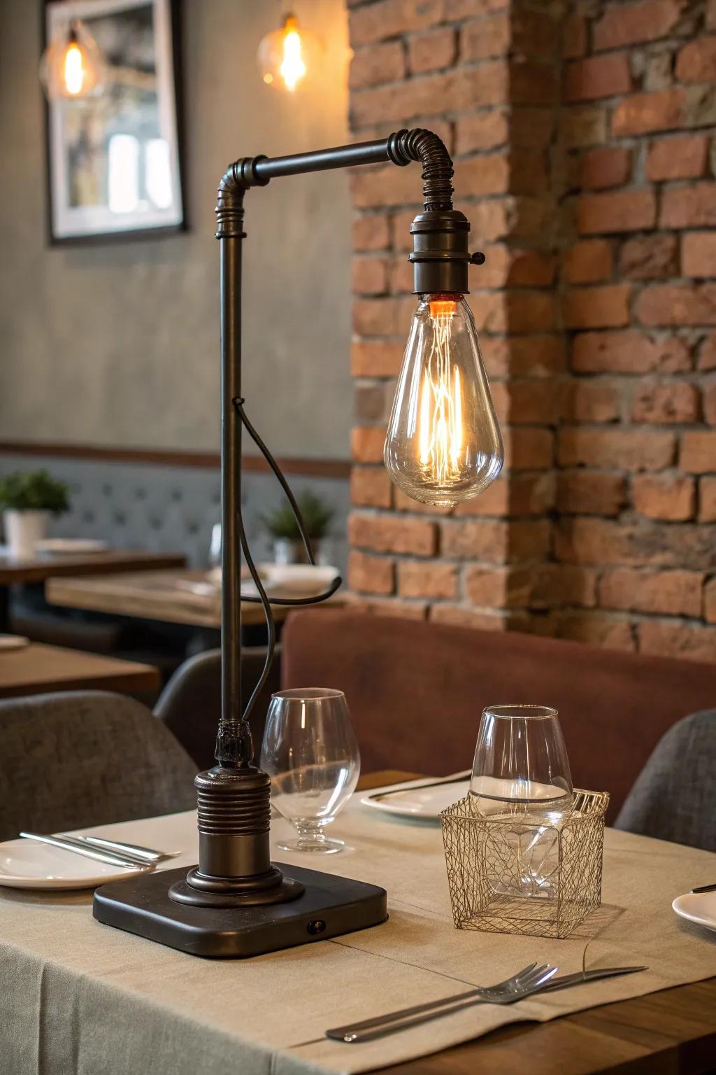 An industrial metal table lamp that features an exposed light bulb, placed on a restaurant table against a brick wall.