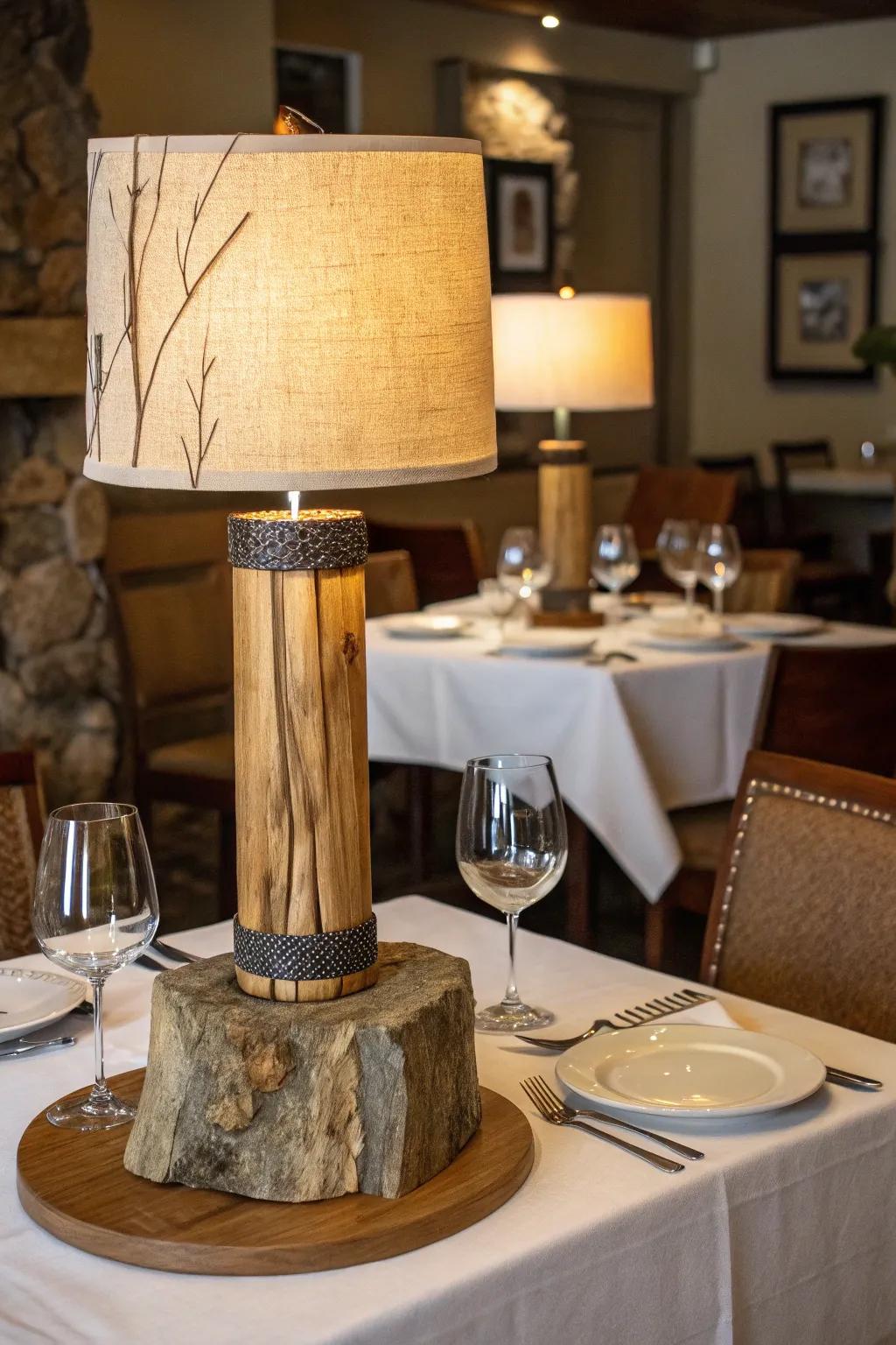 A nature-influenced table lamp that includes wood and stone components, arranged on a restaurant table.