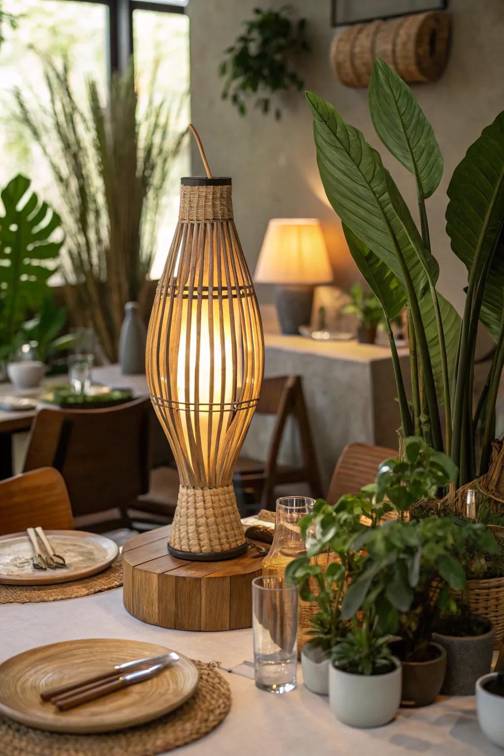A bamboo table lamp situated on a restaurant table, enhanced by natural decorating components.