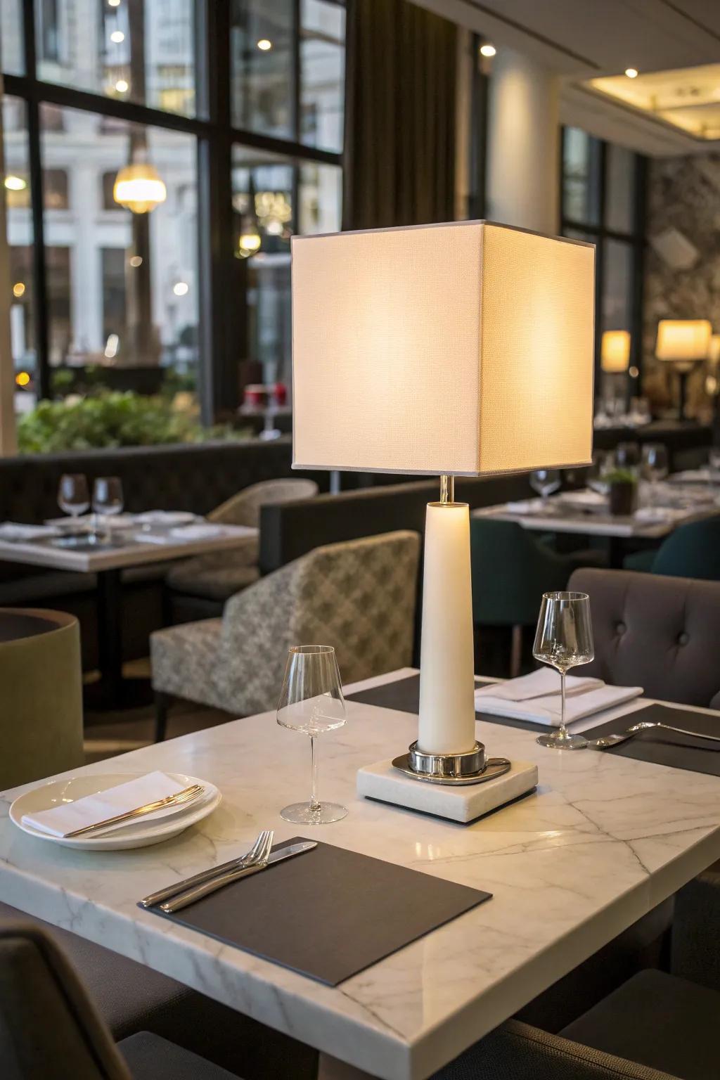 A sleek modern minimalist table lamp on a stylish restaurant table, complemented by contemporary decor.