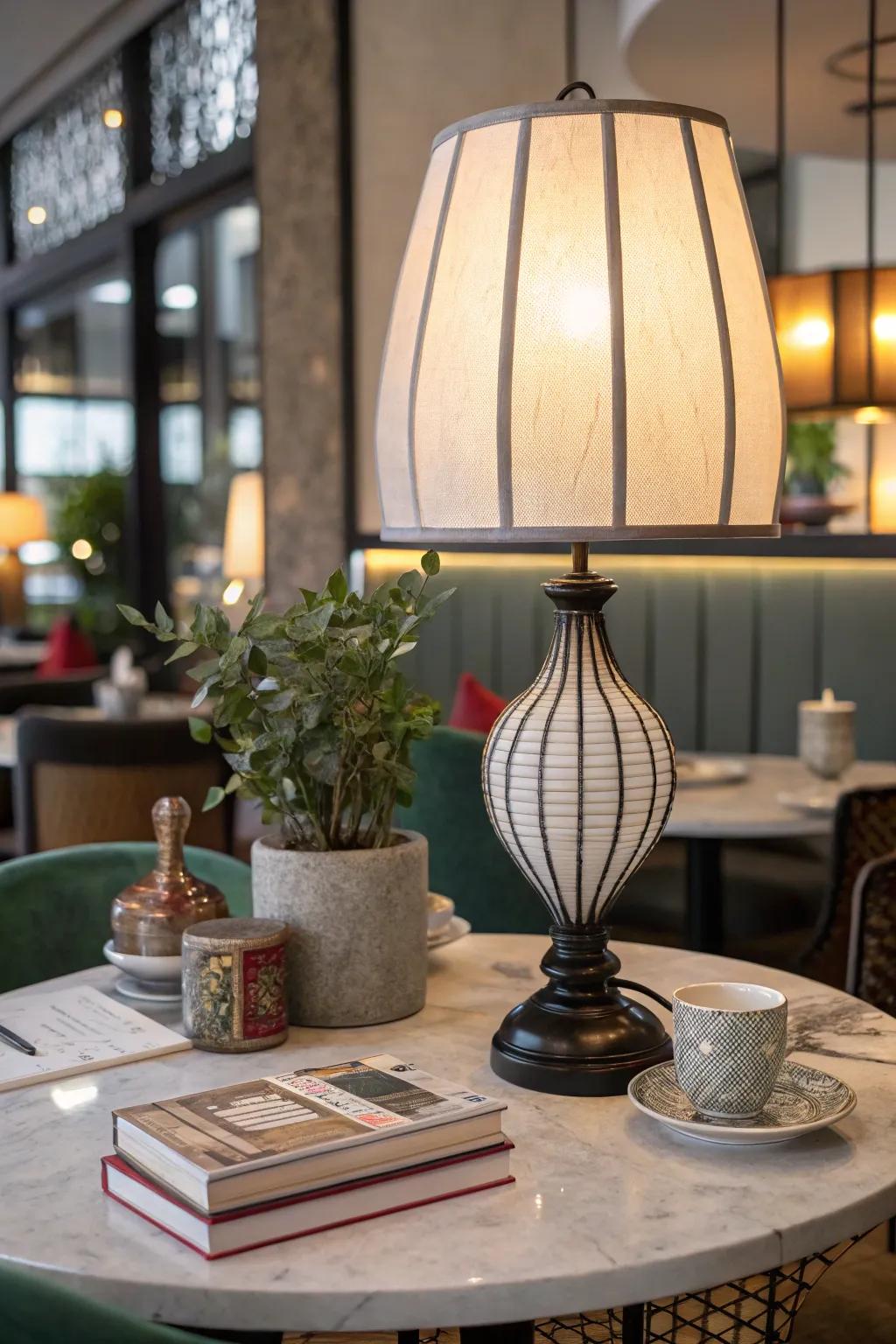 A lantern-inspired table lamp with a modern design, displayed on a restaurant table accompanied by diverse decor.